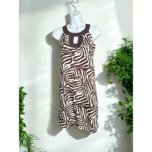 Ann Taylor Loft Mini Brown Zebra Print Petite Size 0 Women's Dress Beaded